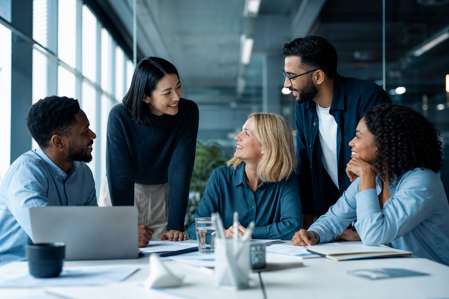 Diverse group of professionals collaborating warmly in a modern office, representing inclusive global mobility