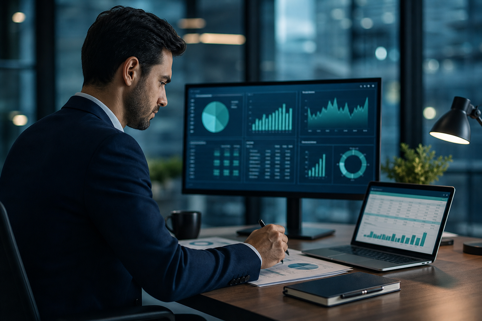 Financial analyst reviewing cost optimization charts and budget spreadsheets, representing mobility program cost efficiency