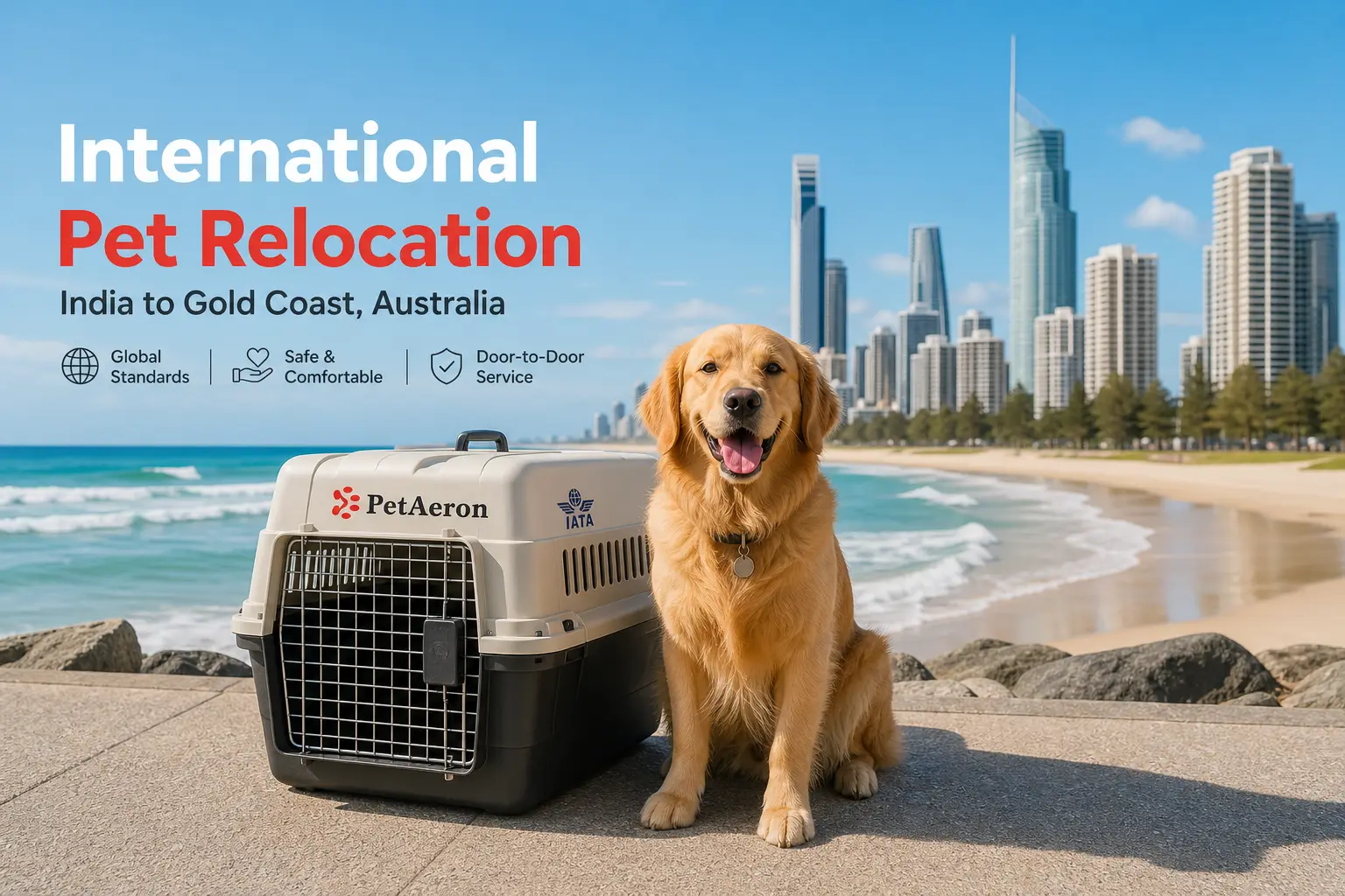 International pet relocation services from India to Gold Coast, dog in IATA travel crate with Surfers Paradise skyline and beach