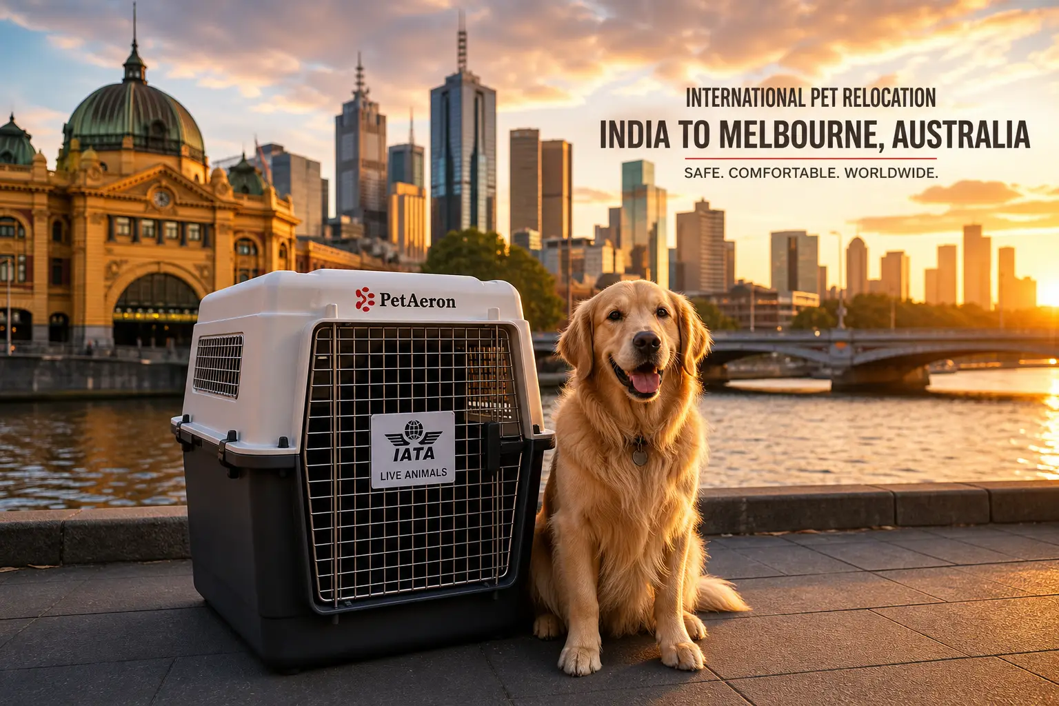 International pet relocation services from India to Melbourne, dog in IATA travel crate with Yarra River and Flinders Street Station skyline