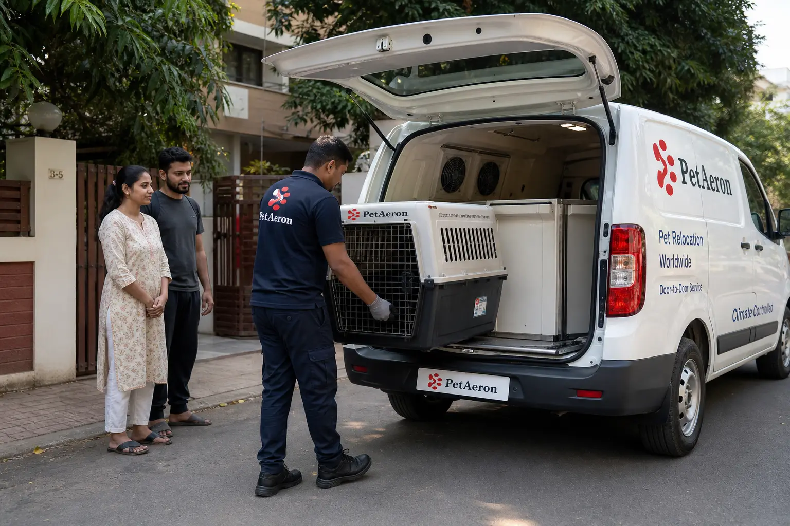 PetAeron climate-controlled van door-to-door pet pickup from Indian home before Newcastle flight