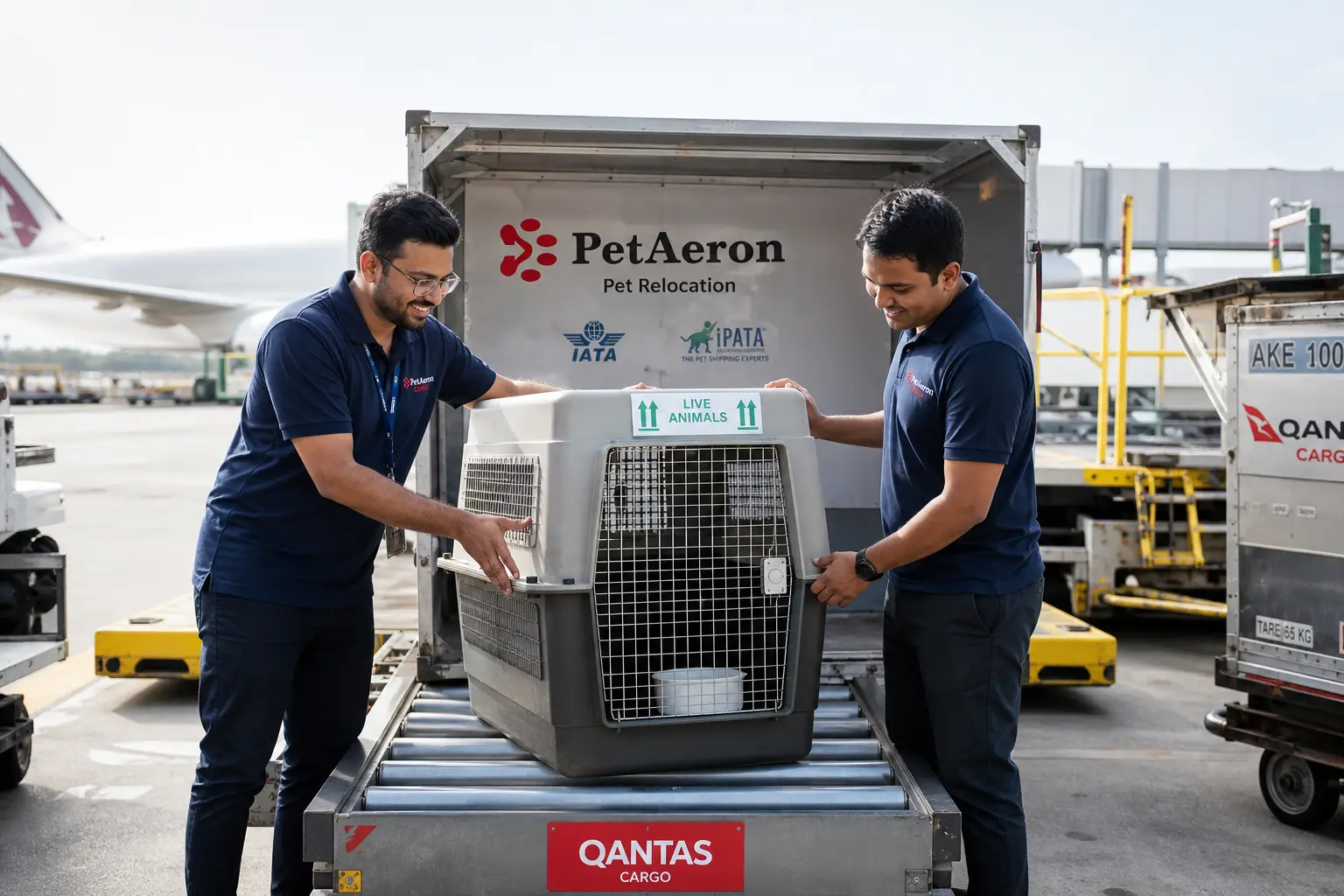 PetAeron staff loading IATA crate for international air cargo flight from India to Perth via PER