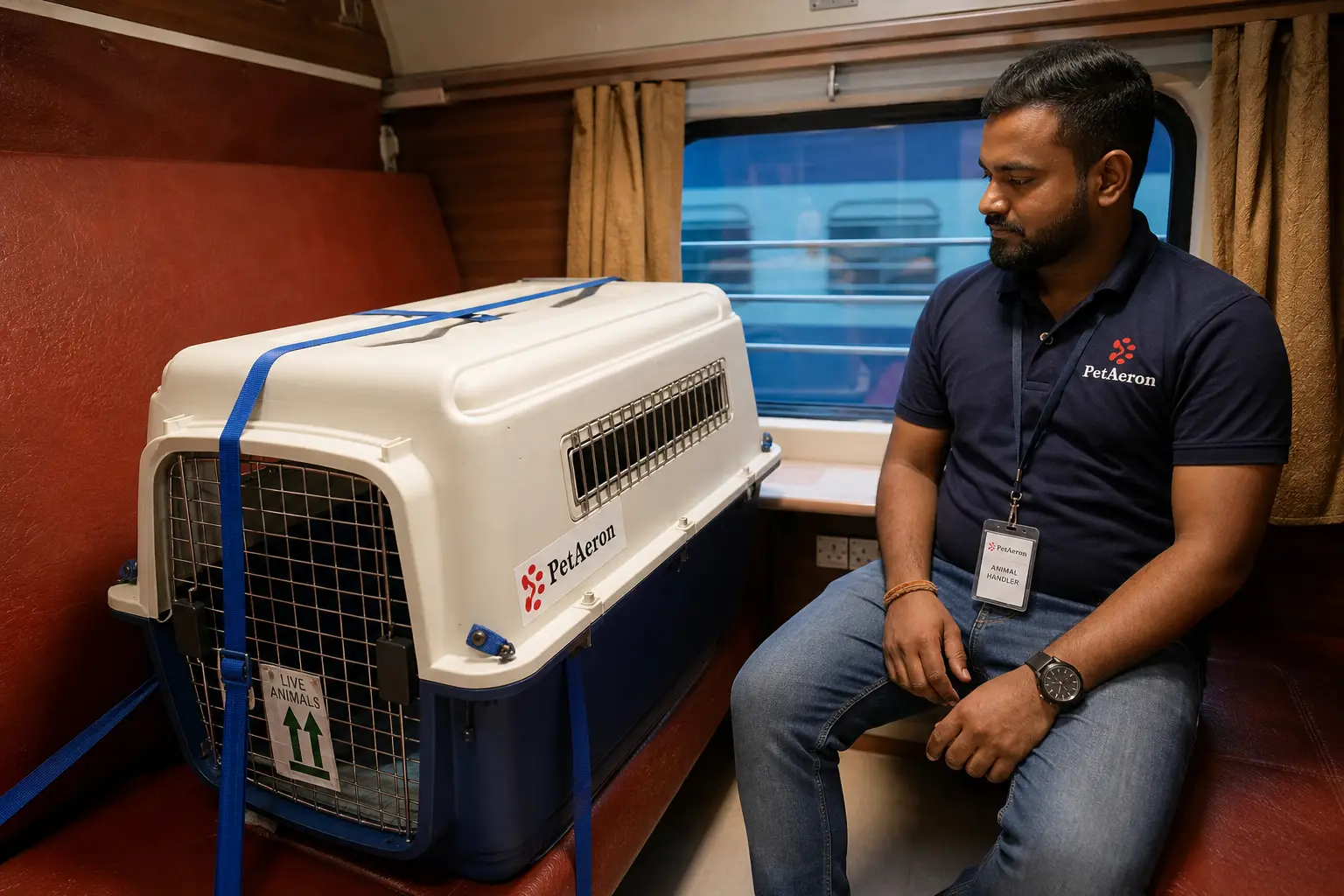 Pet and IATA crate on Indian Railways First AC train feeder to departure hub for Perth flight