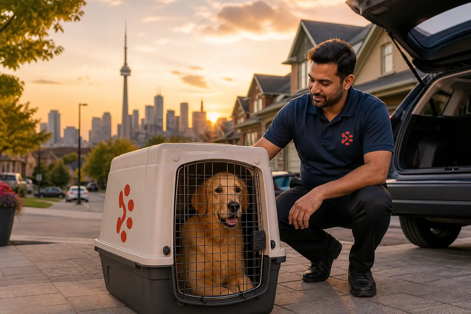 International pet relocation services from India to Brampton, dog in IATA travel crate with Brampton Canada skyline