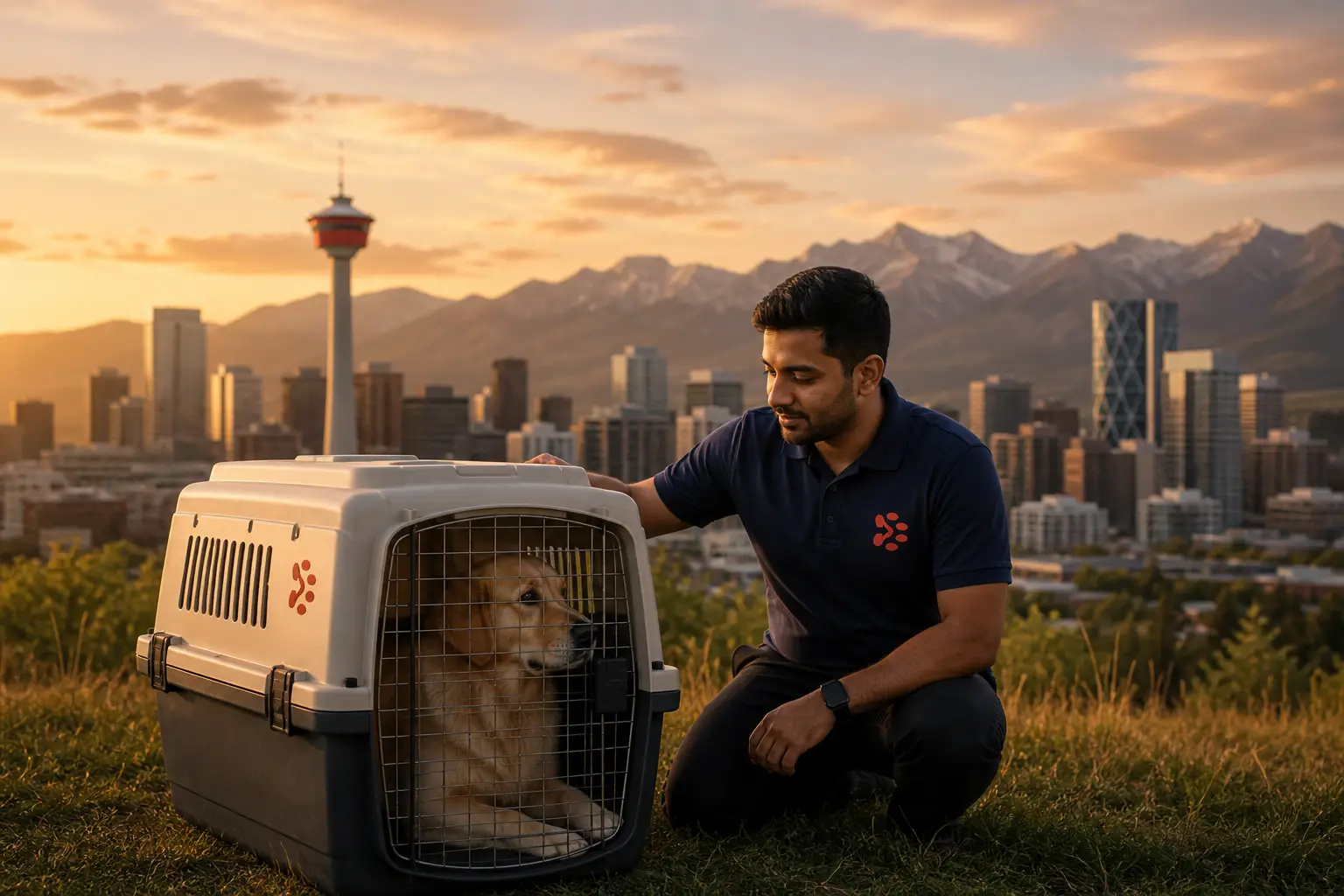 International pet relocation services from India to Calgary, dog in IATA travel crate with Calgary Canada skyline