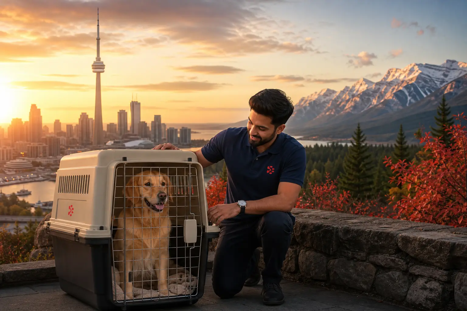 International pet relocation services from India to Canada, dog in IATA travel crate with CN Tower and Canadian Rockies skyline