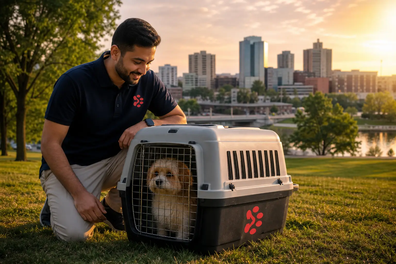 International pet relocation services from India to Kitchener, dog in IATA travel crate with Kitchener Canada skyline