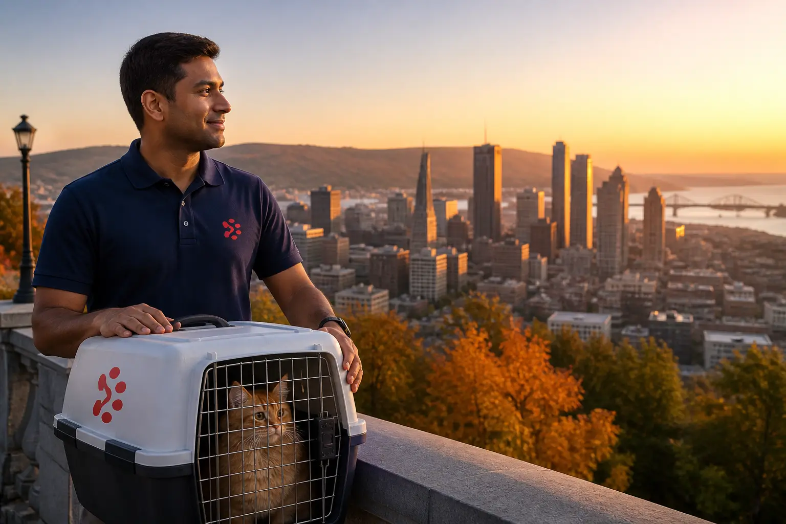 International pet relocation services from India to Montreal, dog in IATA travel crate with Montreal Canada skyline