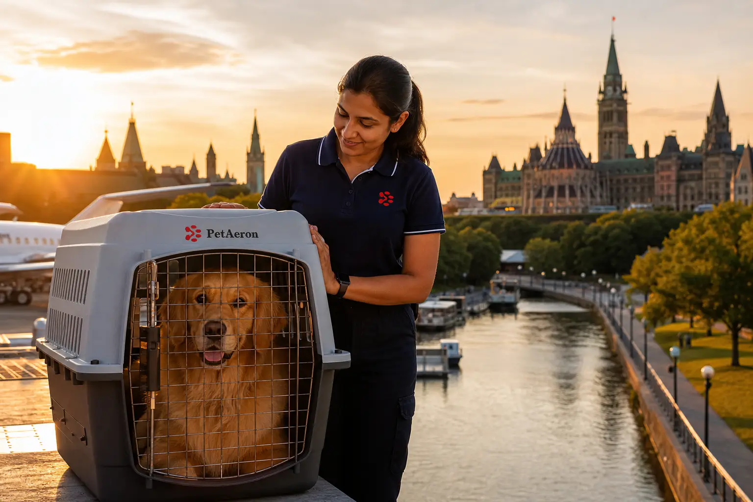 International pet relocation services from India to Ottawa, dog in IATA travel crate with Ottawa Canada skyline