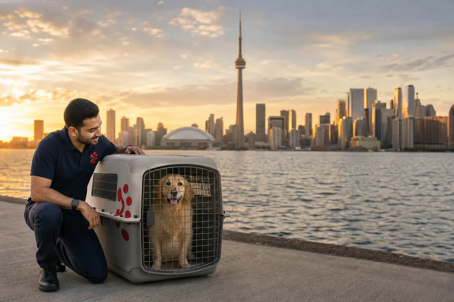 International pet relocation services from India to Toronto, dog in IATA travel crate with Toronto Canada skyline