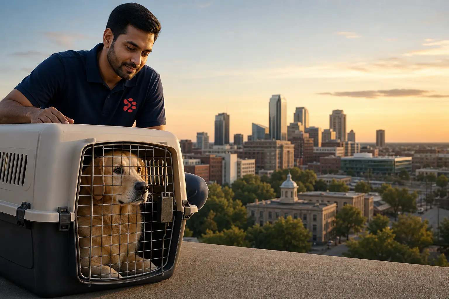 International pet relocation services from India to Winnipeg, dog in IATA travel crate with Winnipeg Canada skyline