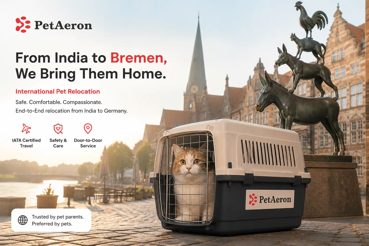 International pet relocation services from India to Bremen, dog in IATA travel crate with Bremen Town Musicians and market square