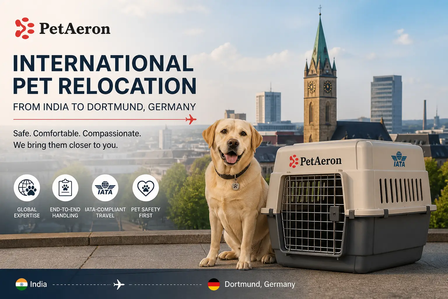 International pet relocation services from India to Dortmund, dog in IATA travel crate with Dortmund city skyline