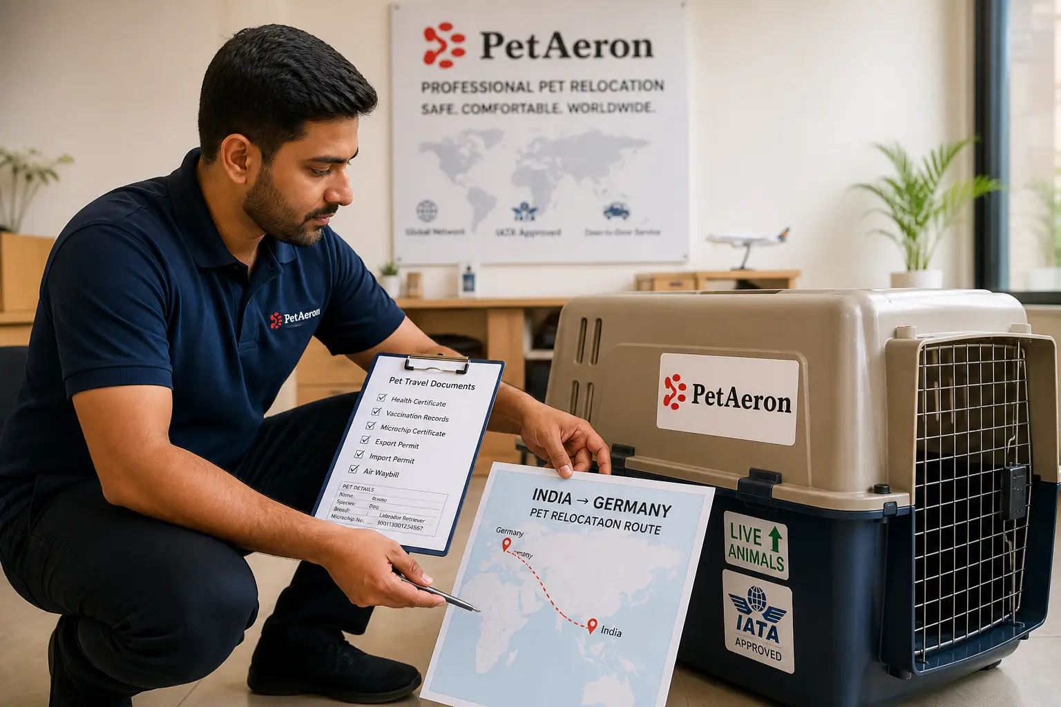 International pet relocation services from India to Essen, PetAeron specialist with IATA crate and route planning