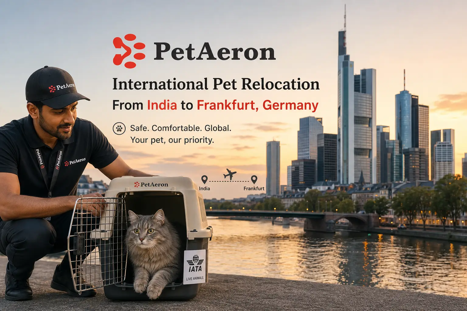 International pet relocation services from India to Frankfurt, dog in IATA travel crate with Frankfurt Main skyline
