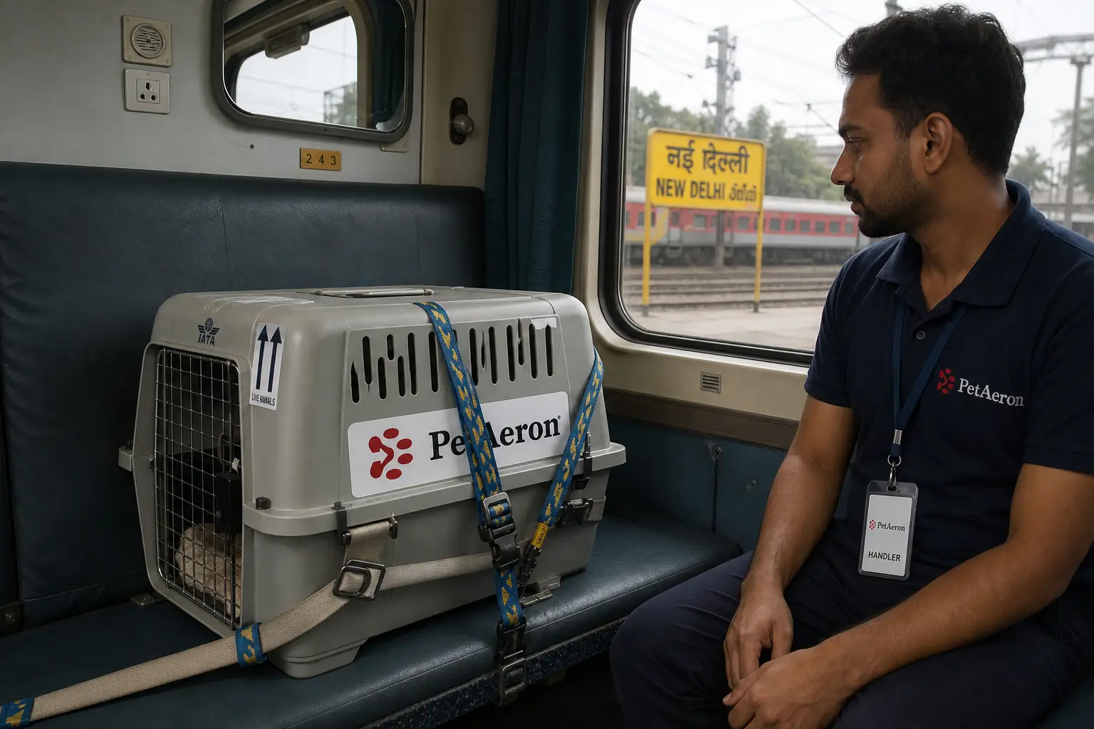 Pet and IATA crate on Indian Railways First AC train feeder to departure hub for Frankfurt flight