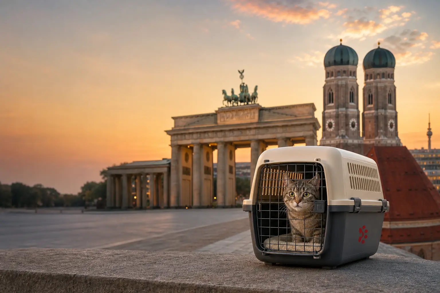 International pet relocation services from India to Germany, dog in IATA travel crate with Brandenburg Gate and Munich skyline