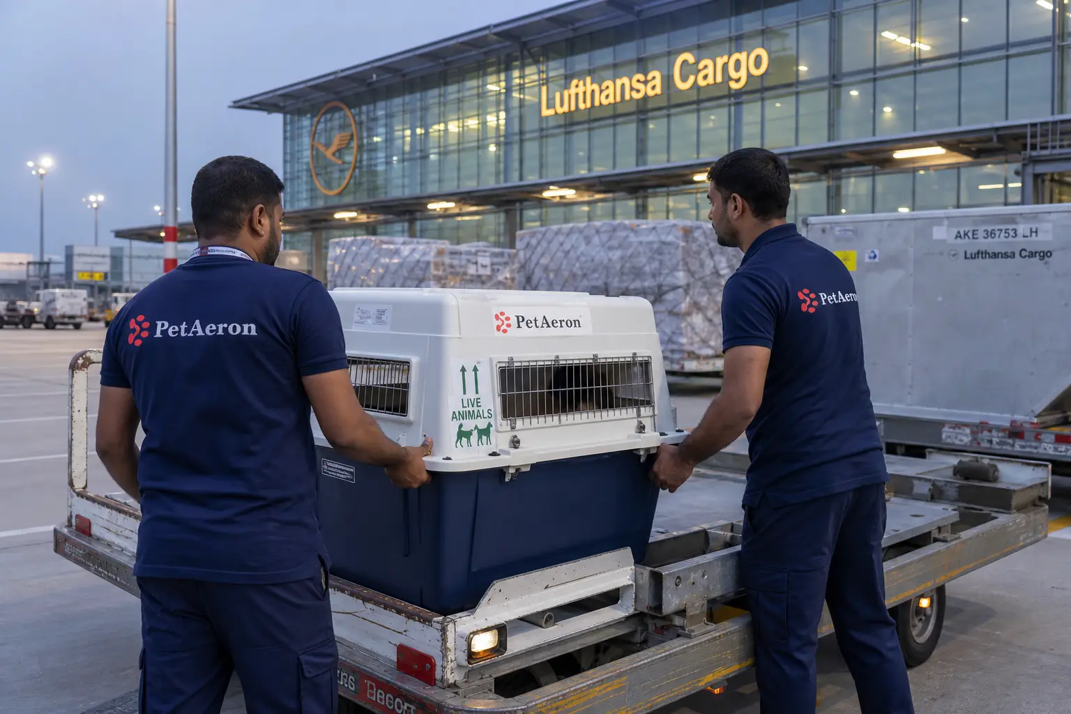 PetAeron staff loading IATA crate for international air cargo flight from India to Leipzig via LEJ