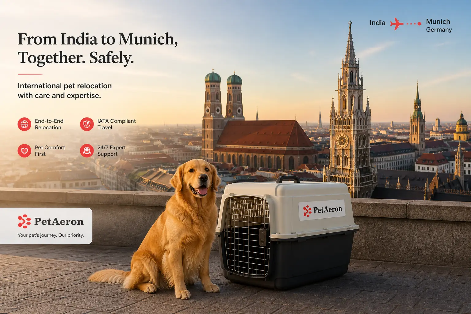International pet relocation services from India to Munich, dog in IATA travel crate with Frauenkirche twin towers