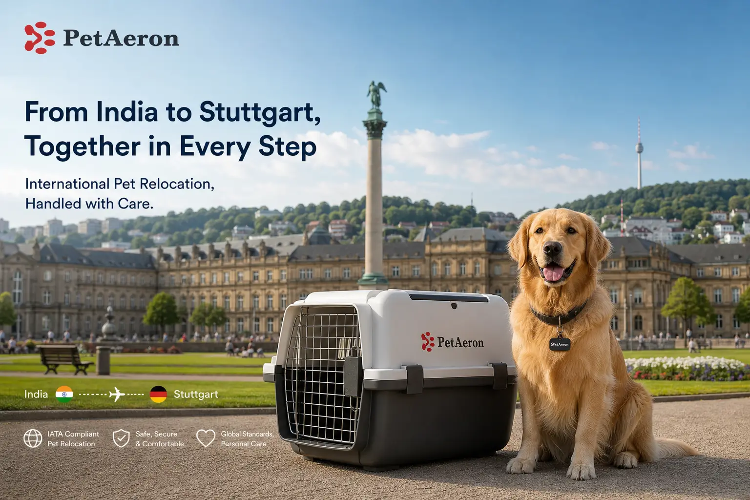 International pet relocation services from India to Stuttgart, dog in IATA travel crate with Stuttgart Schlossplatz skyline