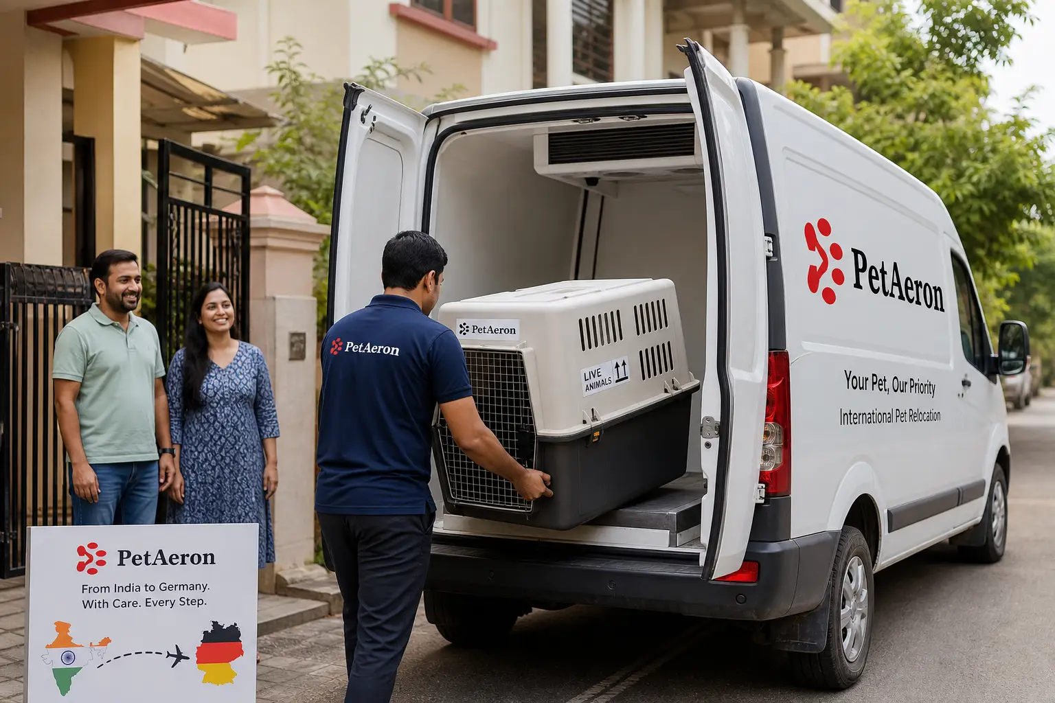 PetAeron climate-controlled van door-to-door pet pickup from Indian home before Stuttgart flight