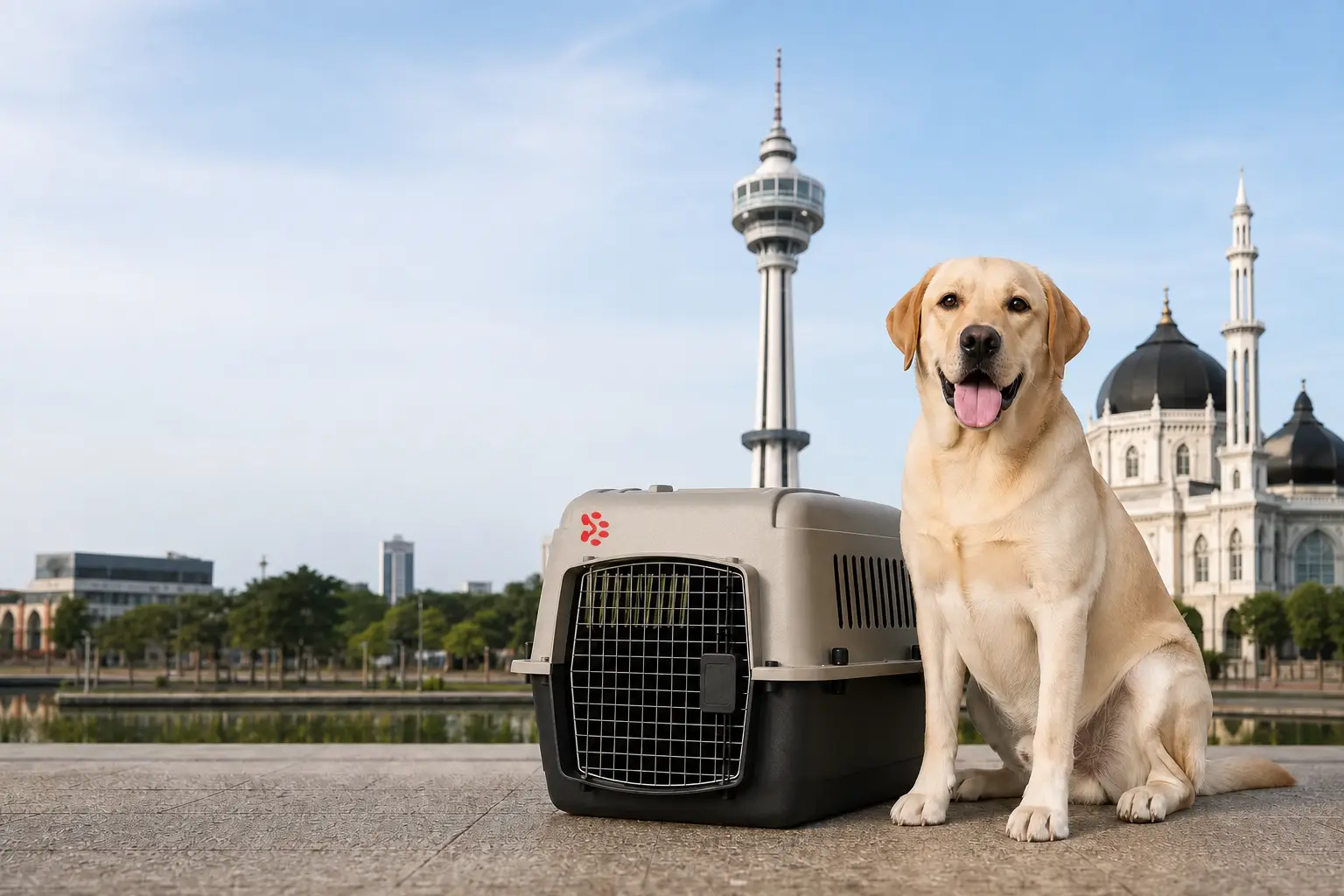 International pet relocation services from India to Alor Setar, dog in IATA travel crate with Alor Setar Tower and Kedah skyline
