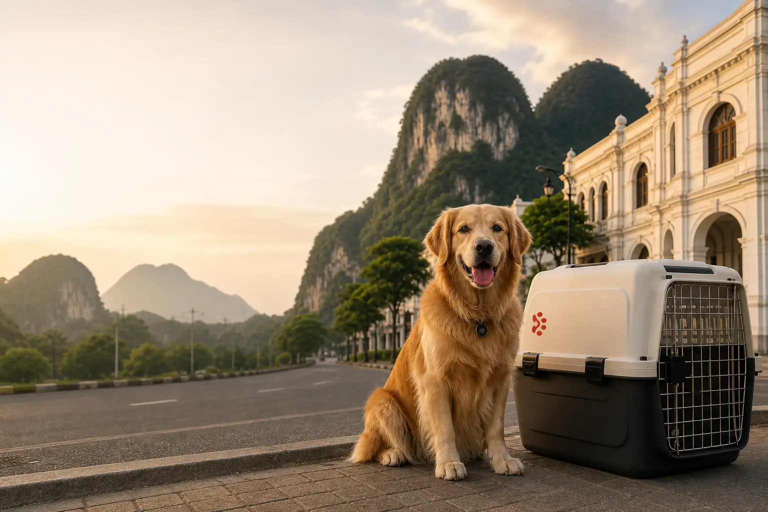 International pet relocation services from India to Ipoh, dog in IATA travel crate with Ipoh limestone hills and old town