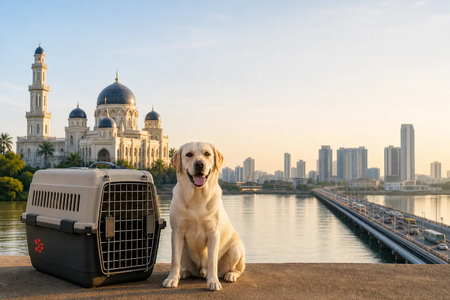 International pet relocation services from India to Johor Bahru, dog in IATA travel crate with Sultan Abu Bakar Mosque skyline