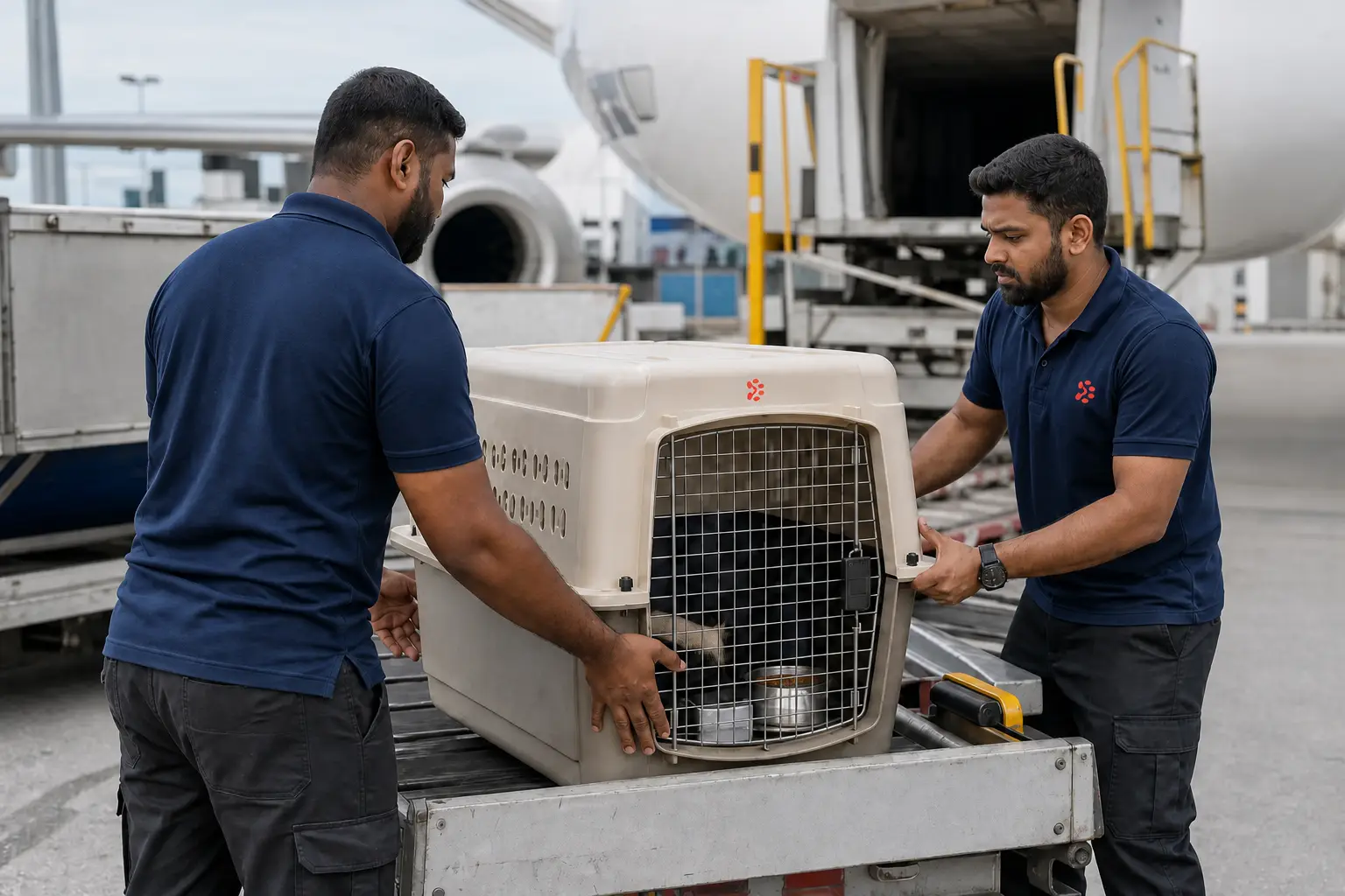 PetAeron staff loading IATA crate for international air cargo flight from India to Kota Kinabalu via BKI