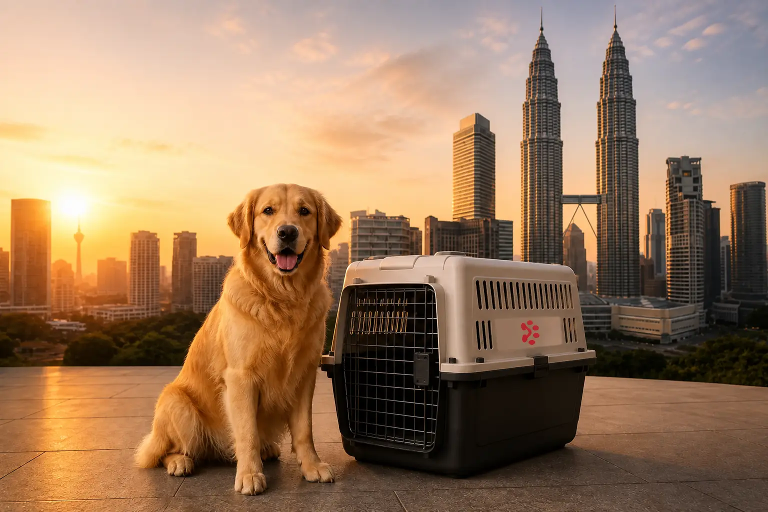 International pet relocation services from India to Kuala Lumpur, dog in IATA travel crate with Petronas Twin Towers skyline
