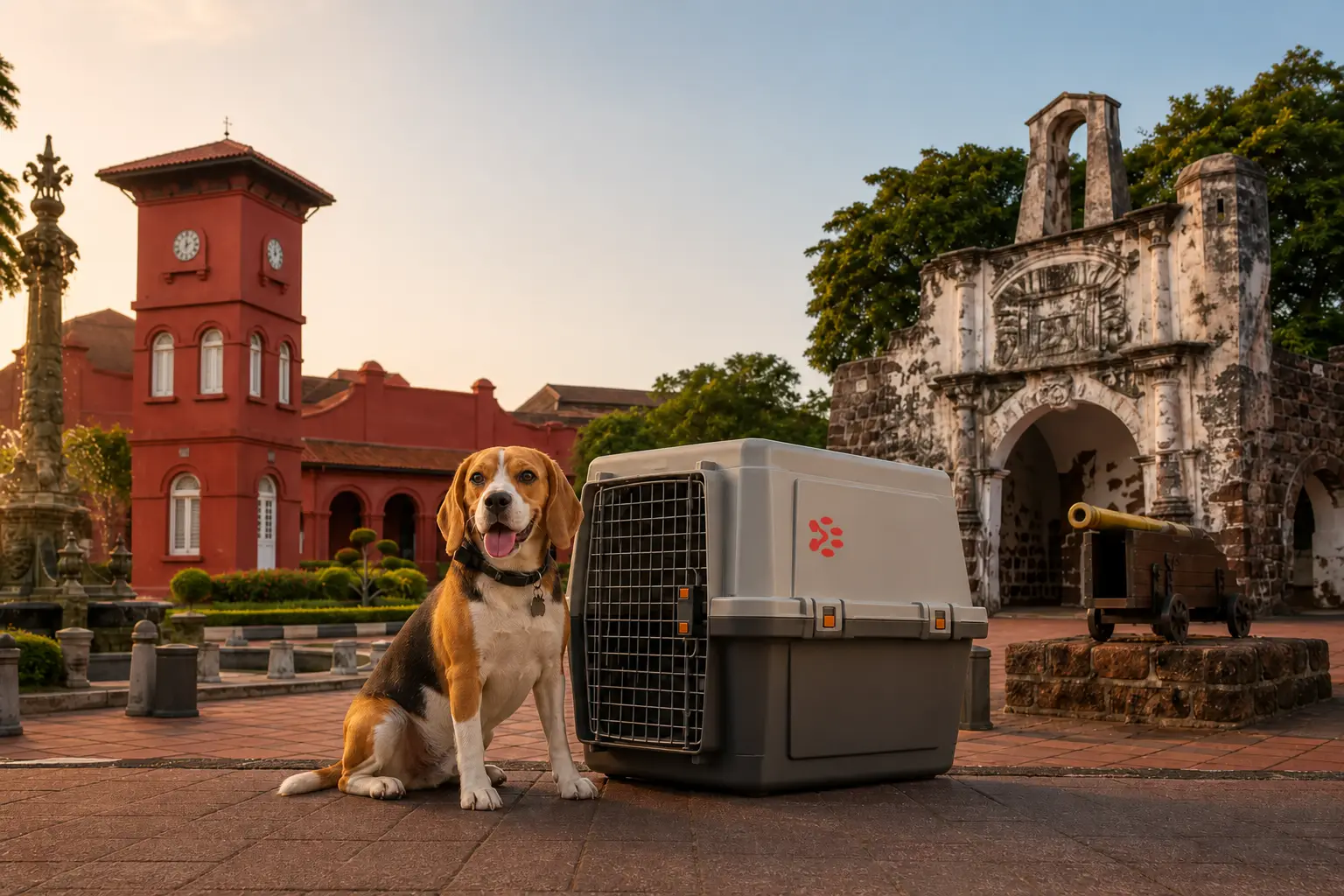 International pet relocation services from India to Malacca, dog in IATA travel crate with Malacca Dutch Square heritage skyline