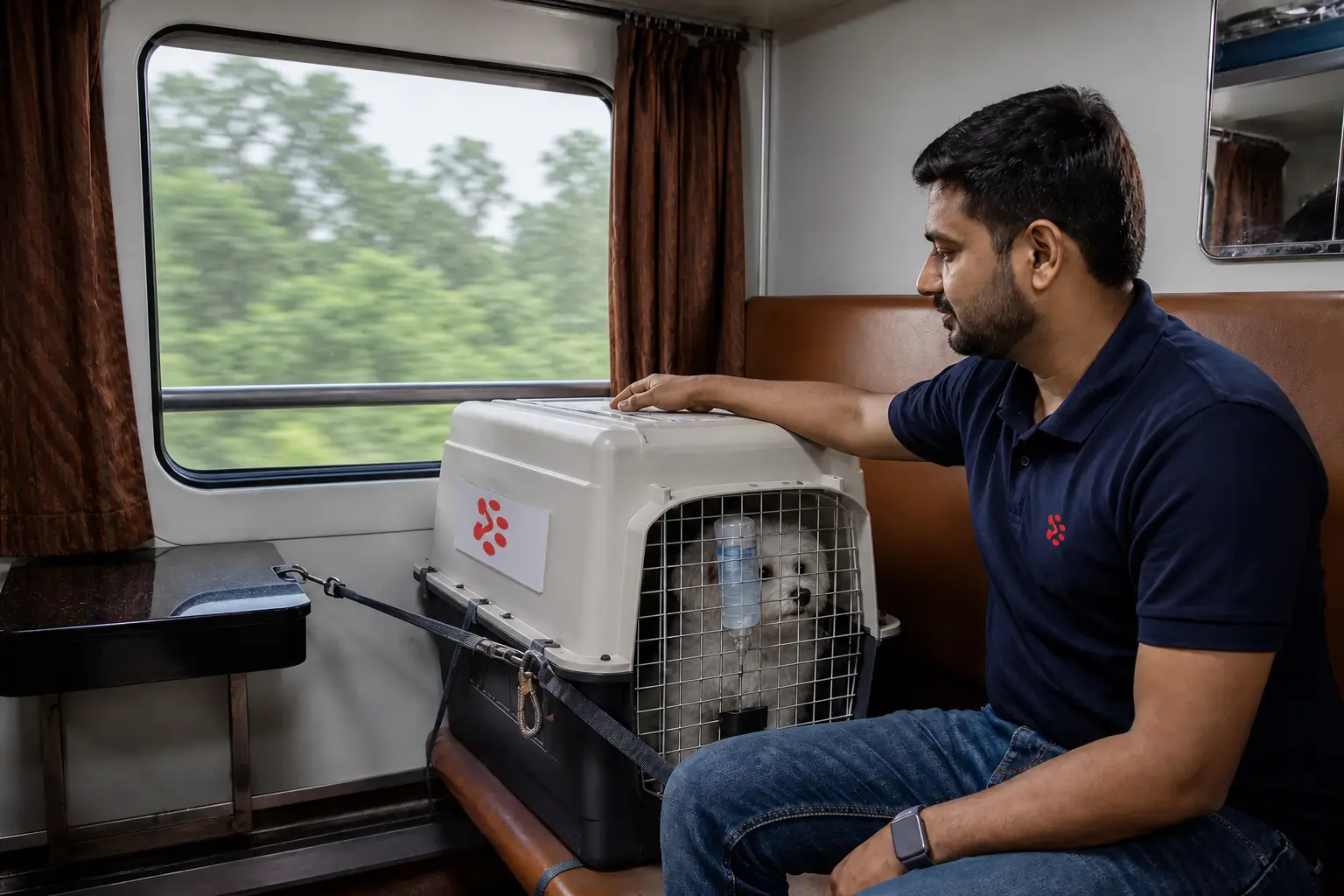 Pet and IATA crate on Indian Railways First AC train feeder to departure hub for Shah Alam flight