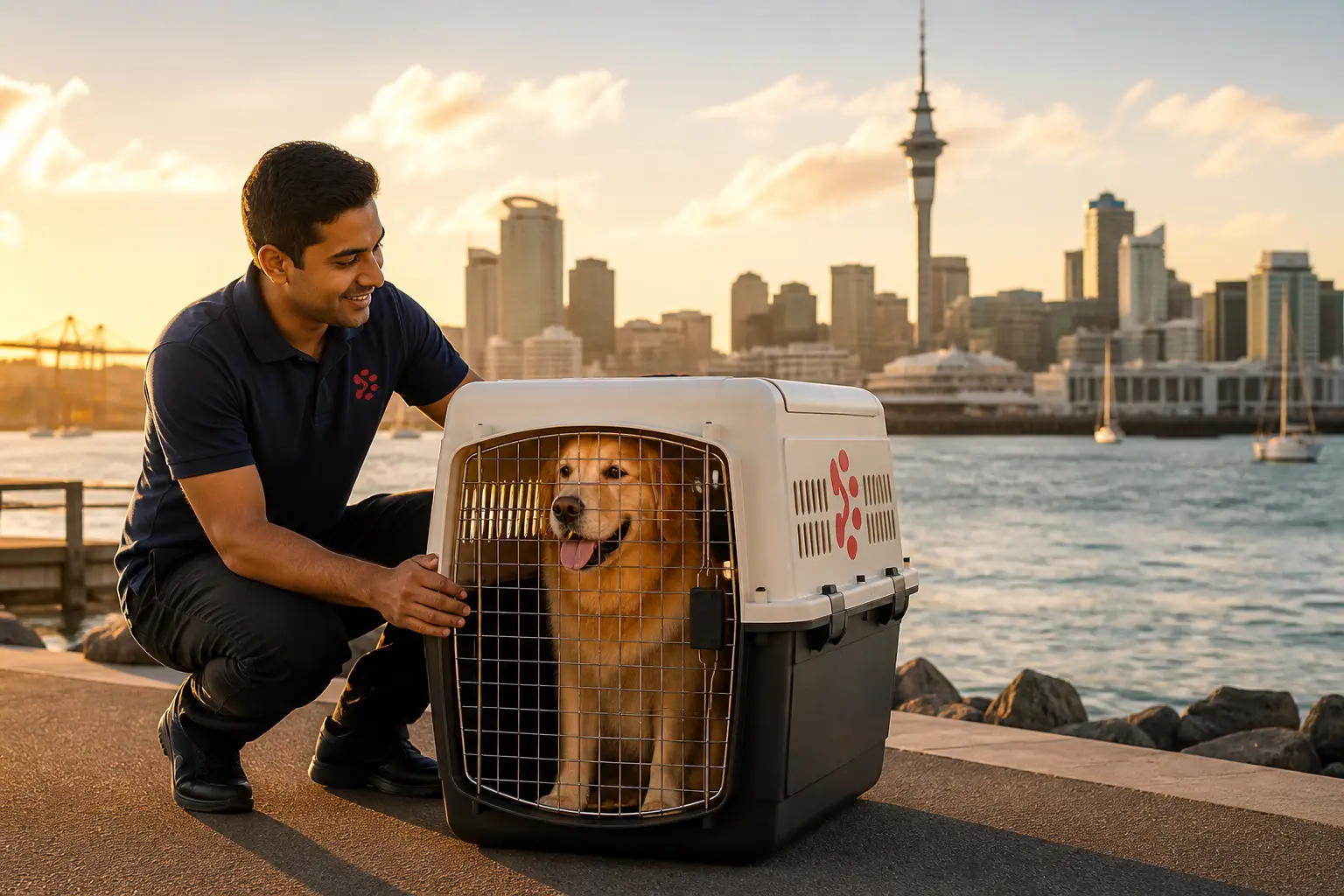 International pet relocation services from India to Auckland, dog in IATA travel crate with Auckland New Zealand skyline