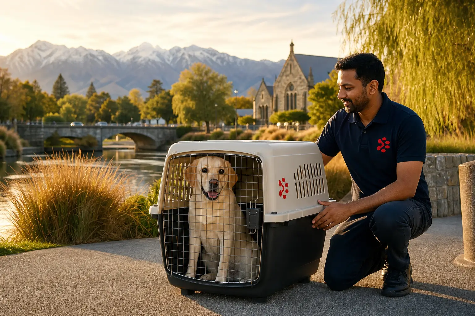 International pet relocation services from India to Christchurch, dog in IATA travel crate with Christchurch New Zealand skyline