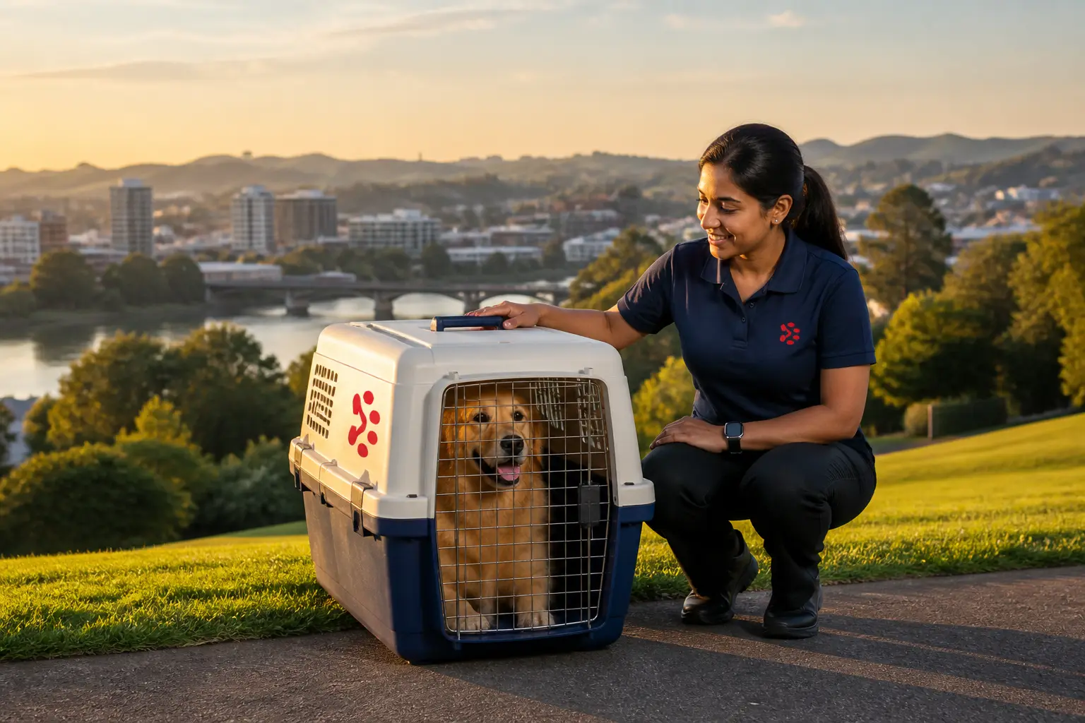 International pet relocation services from India to Hamilton, dog in IATA travel crate with Hamilton New Zealand skyline