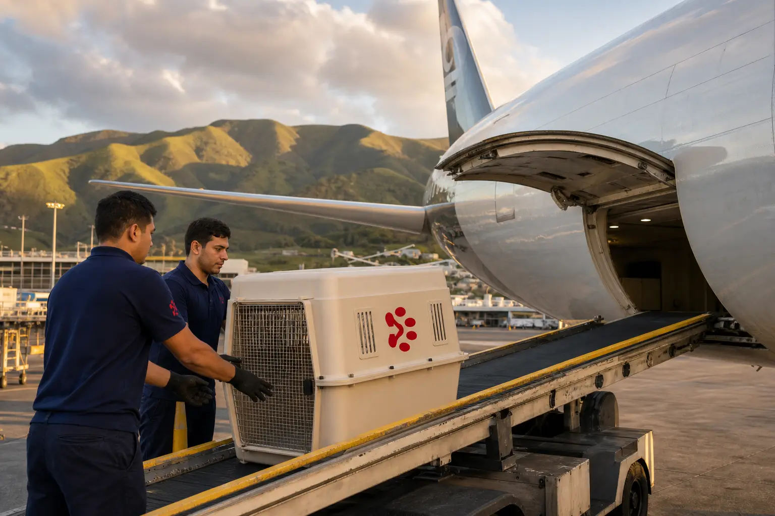 PetAeron staff loading IATA crate for international air cargo flight from India to Nelson Airport NSN