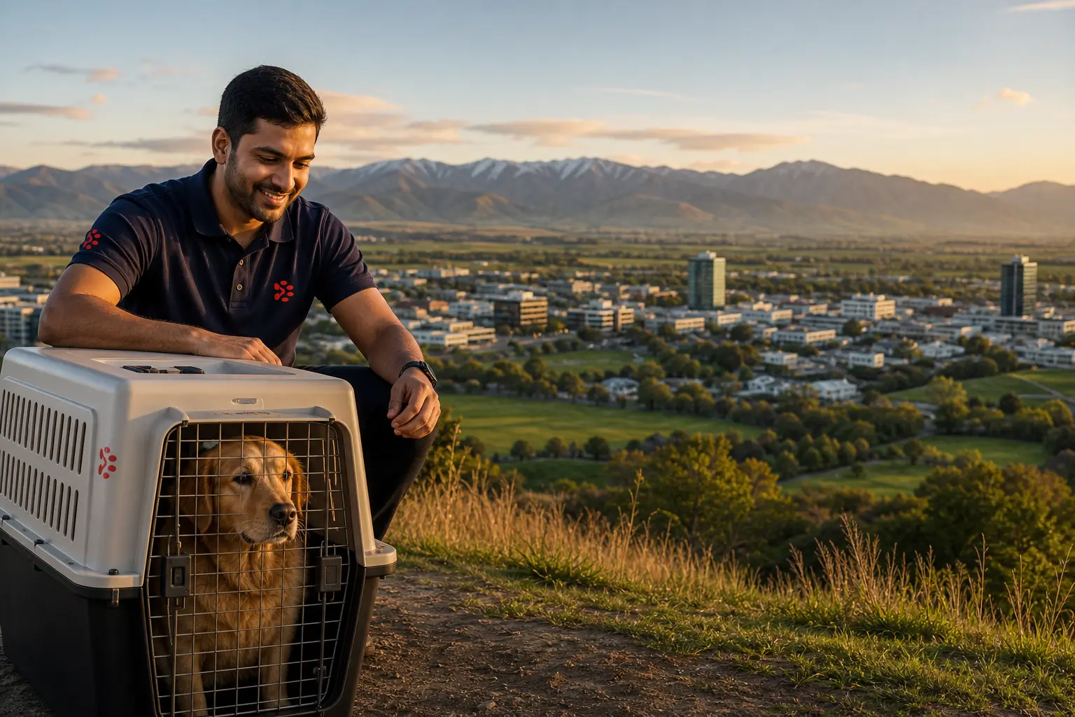 International pet relocation services from India to Palmerston North, dog in IATA travel crate with Palmerston North New Zealand skyline
