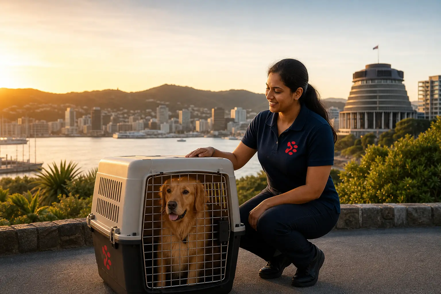 International pet relocation services from India to Wellington, dog in IATA travel crate with Wellington New Zealand skyline