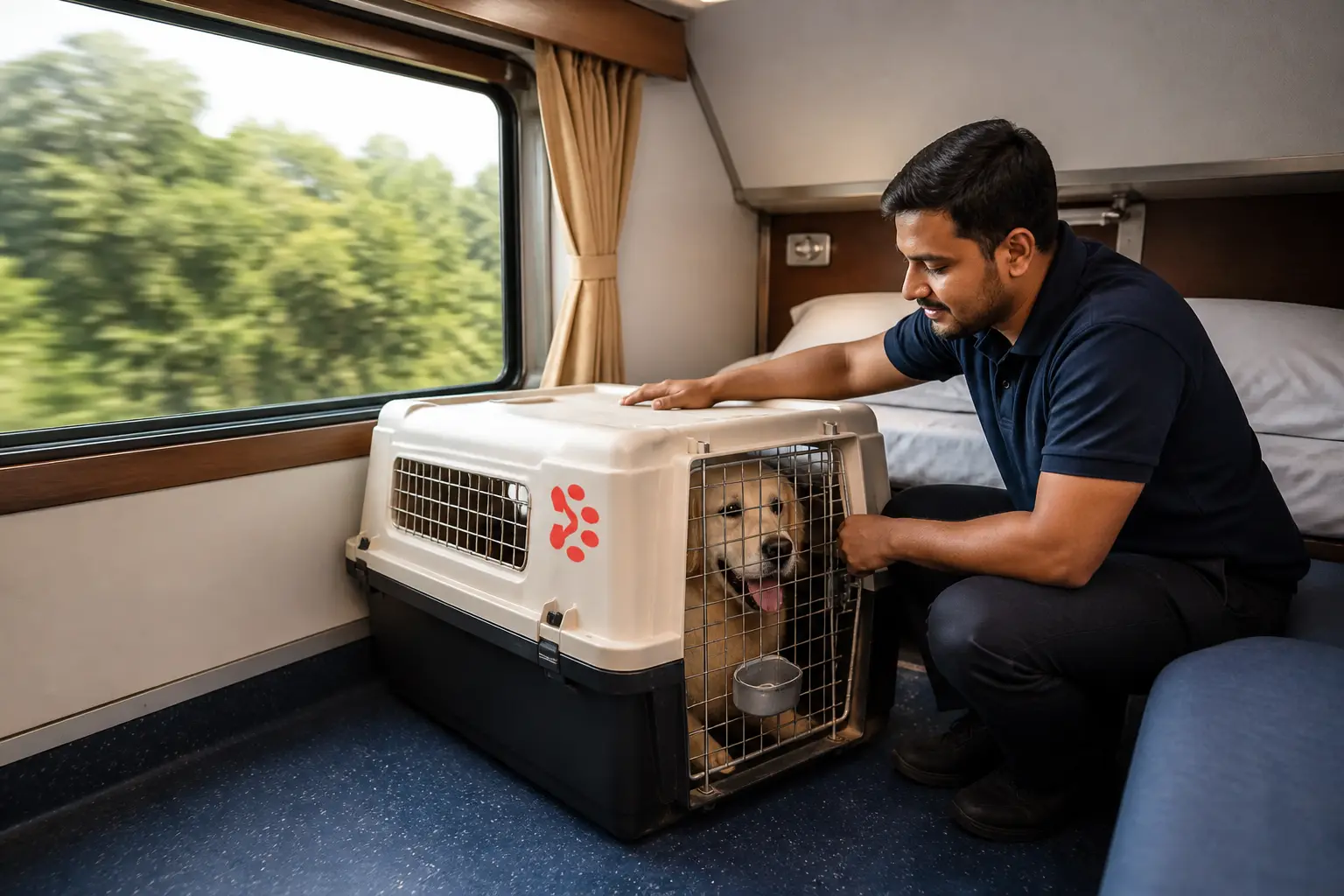 Pet and IATA crate on Indian Railways First AC train feeder to departure hub for Wellington flight