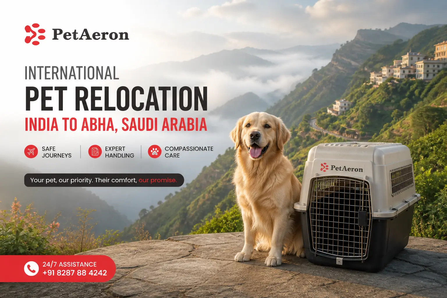 International pet relocation services from India to Abha, dog in IATA travel crate with Abha green mountains and Asir highlands