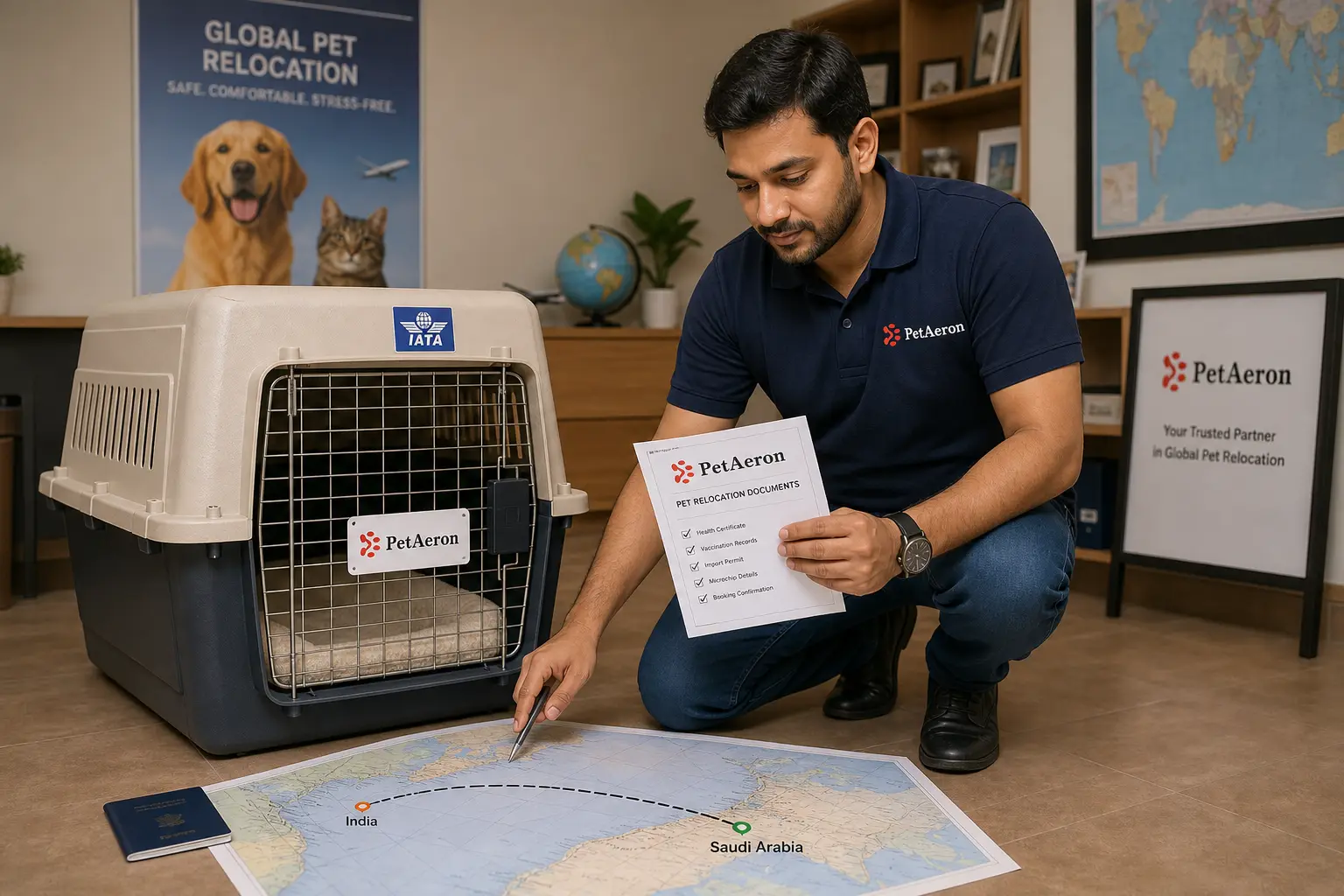 International pet relocation services from India to Saudi Arabia, PetAeron specialist with IATA crate and route planning