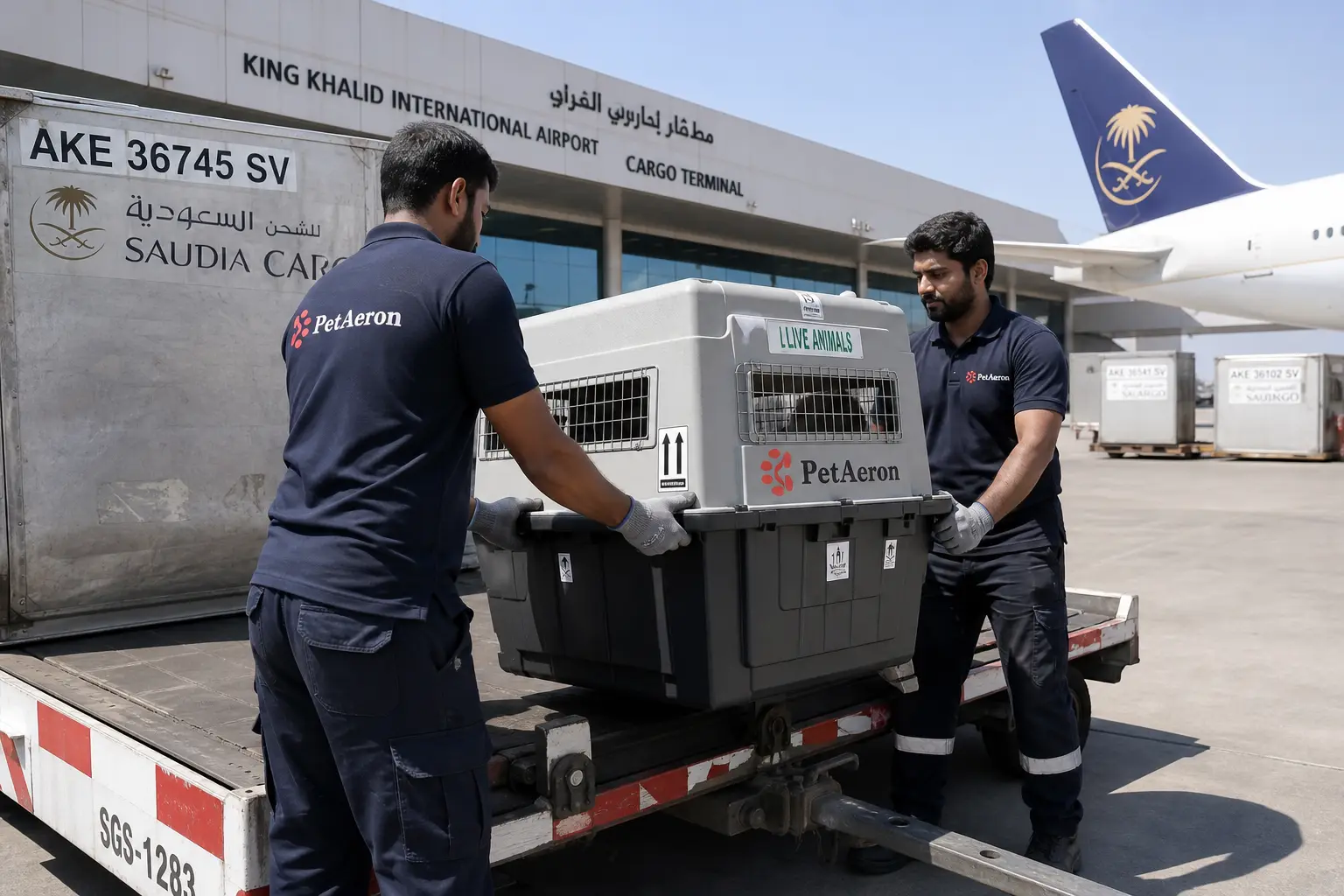 PetAeron staff loading IATA crate for international air cargo flight from India to Dammam via DMM