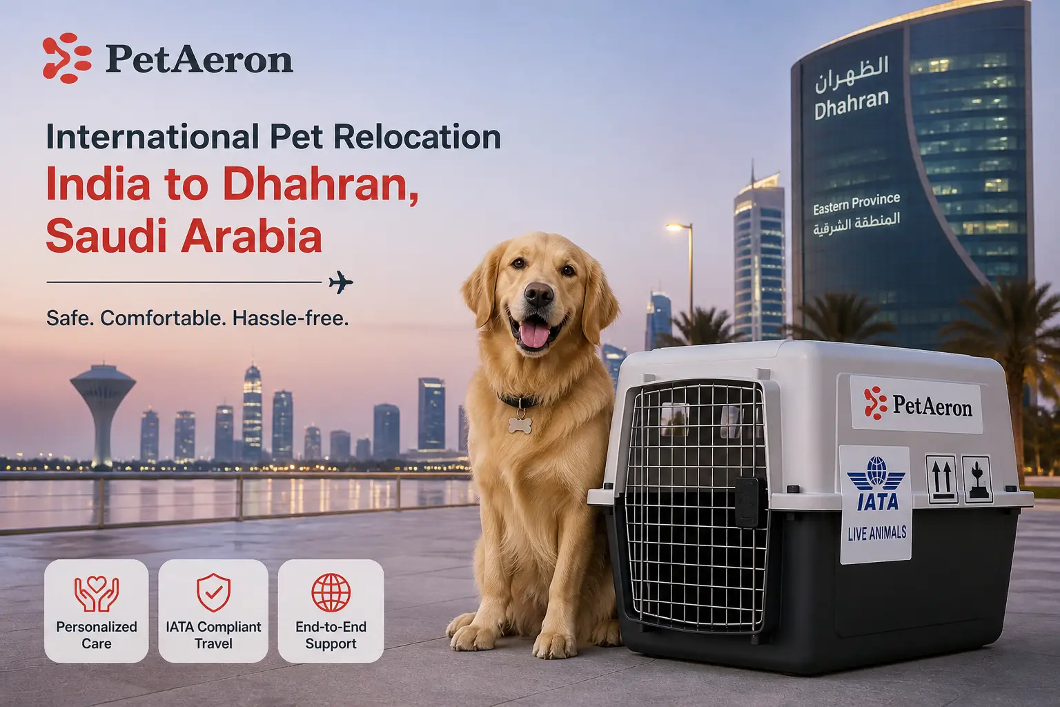 International pet relocation services from India to Dhahran, dog in IATA travel crate with Dhahran Eastern Province skyline
