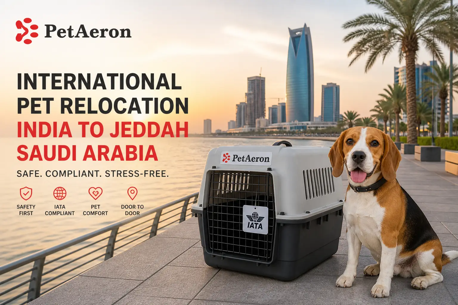International pet relocation services from India to Jeddah, dog in IATA travel crate with Jeddah corniche and Red Sea waterfront