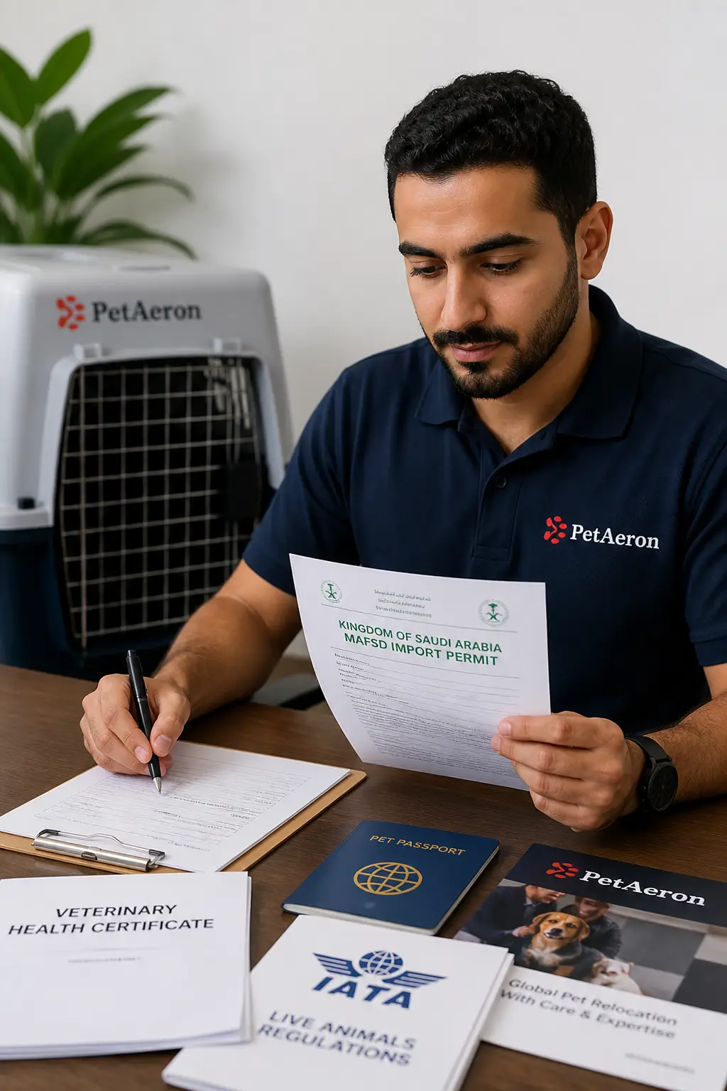 PetAeron specialist managing pet transport from India to Jeddah with Saudi MAFSD import permit document checks
