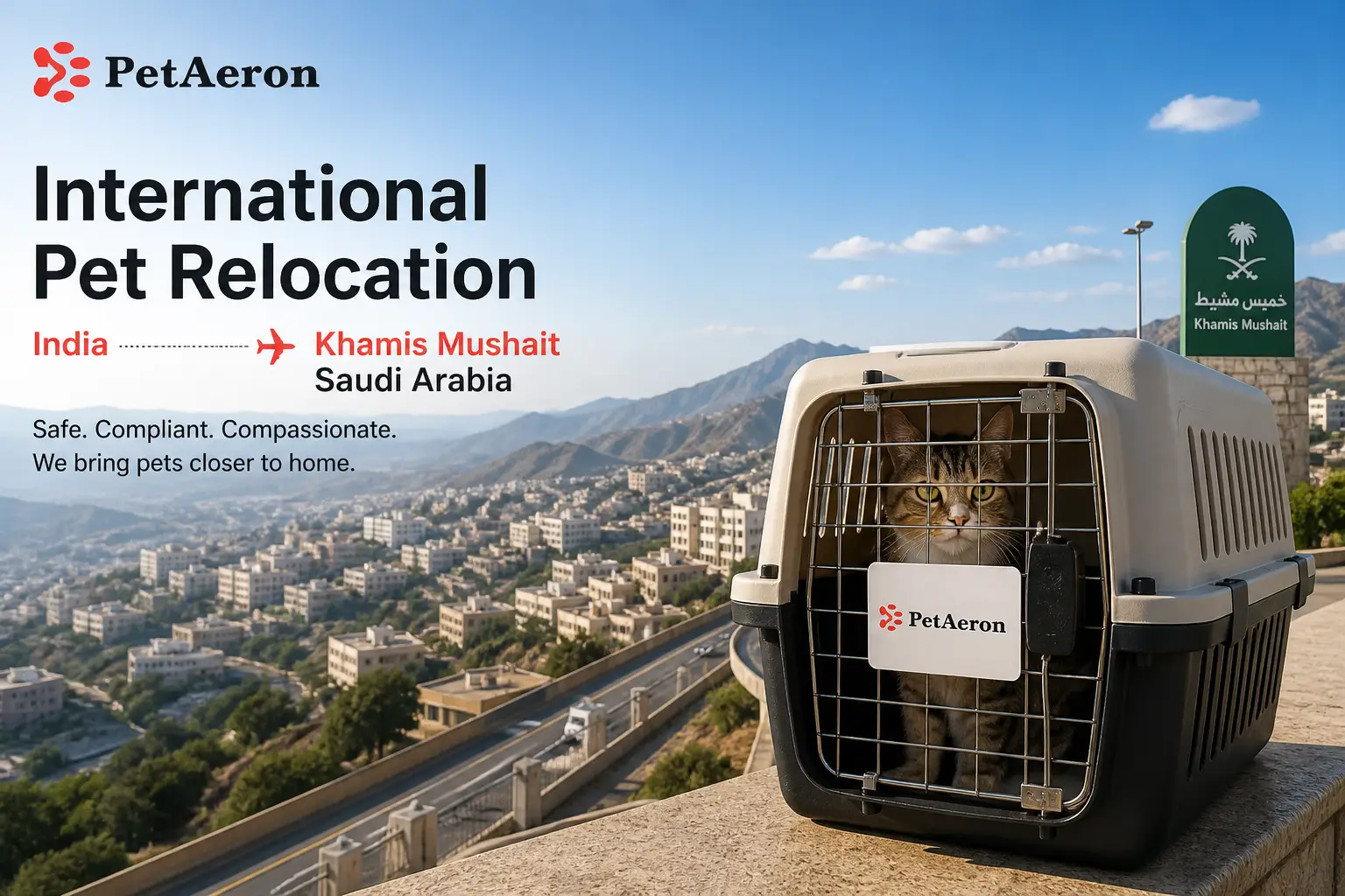 International pet relocation services from India to Khamis Mushait, dog in IATA travel crate with Khamis Mushait Asir highland skyline