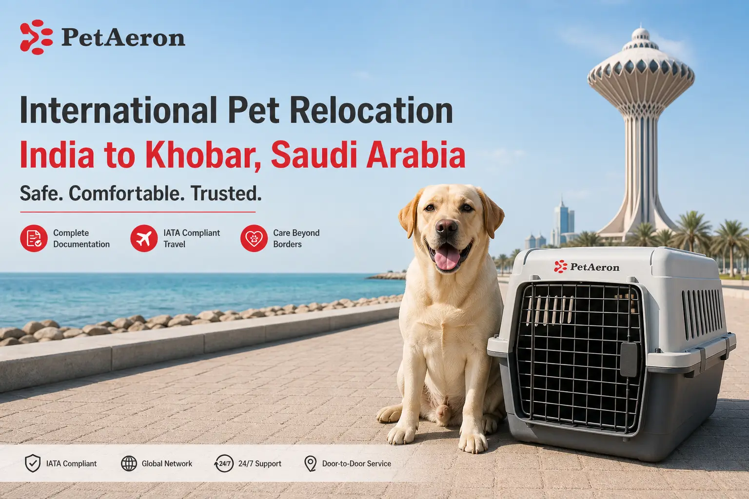 International pet relocation services from India to Khobar, dog in IATA travel crate with Al Khobar corniche waterfront