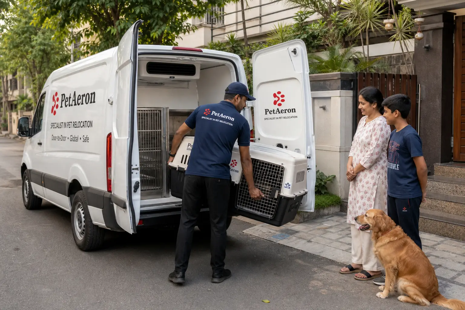 PetAeron climate-controlled van door-to-door pet pickup from Indian home before Khobar flight