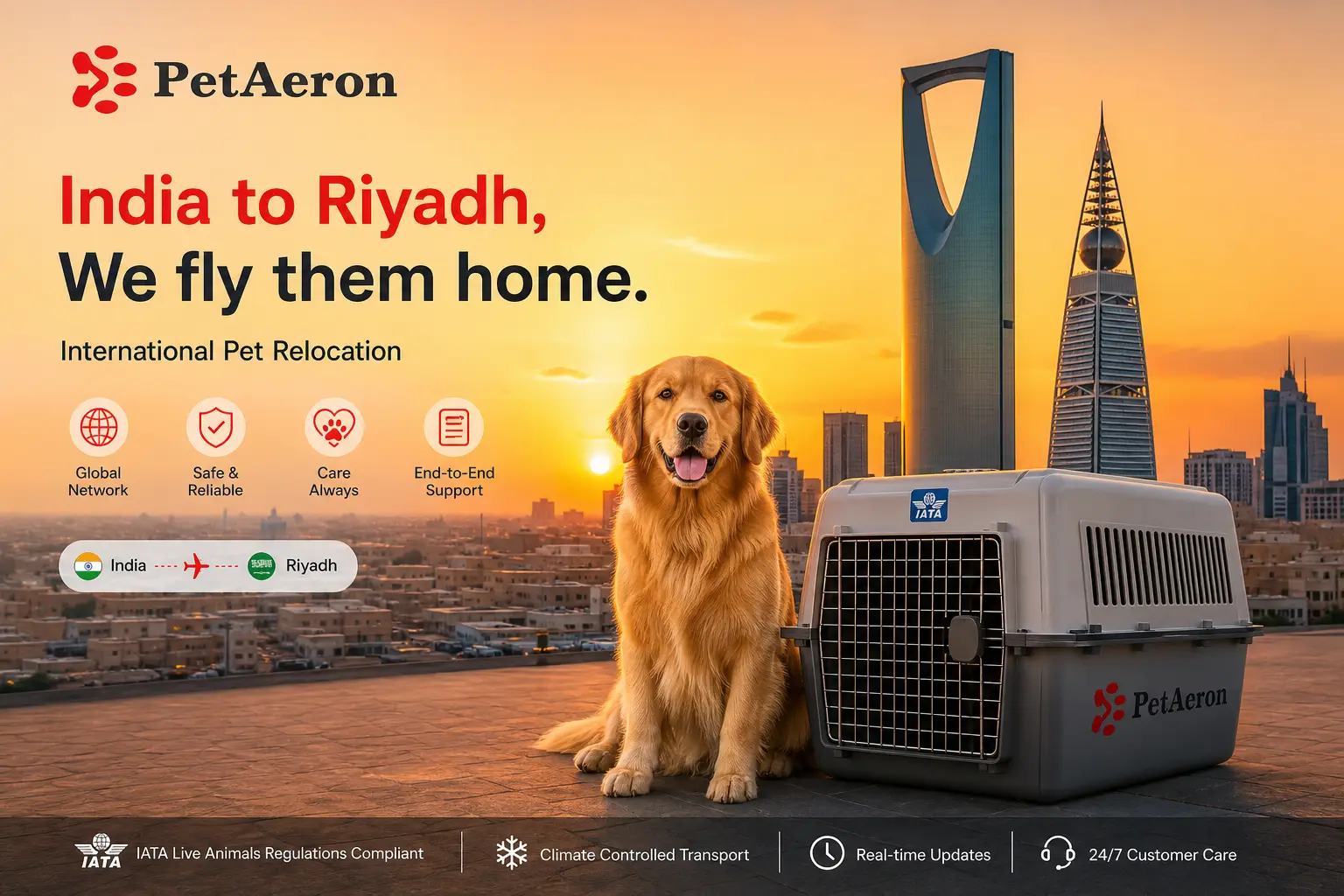International pet relocation services from India to Riyadh, dog in IATA travel crate with Kingdom Centre and Riyadh skyline