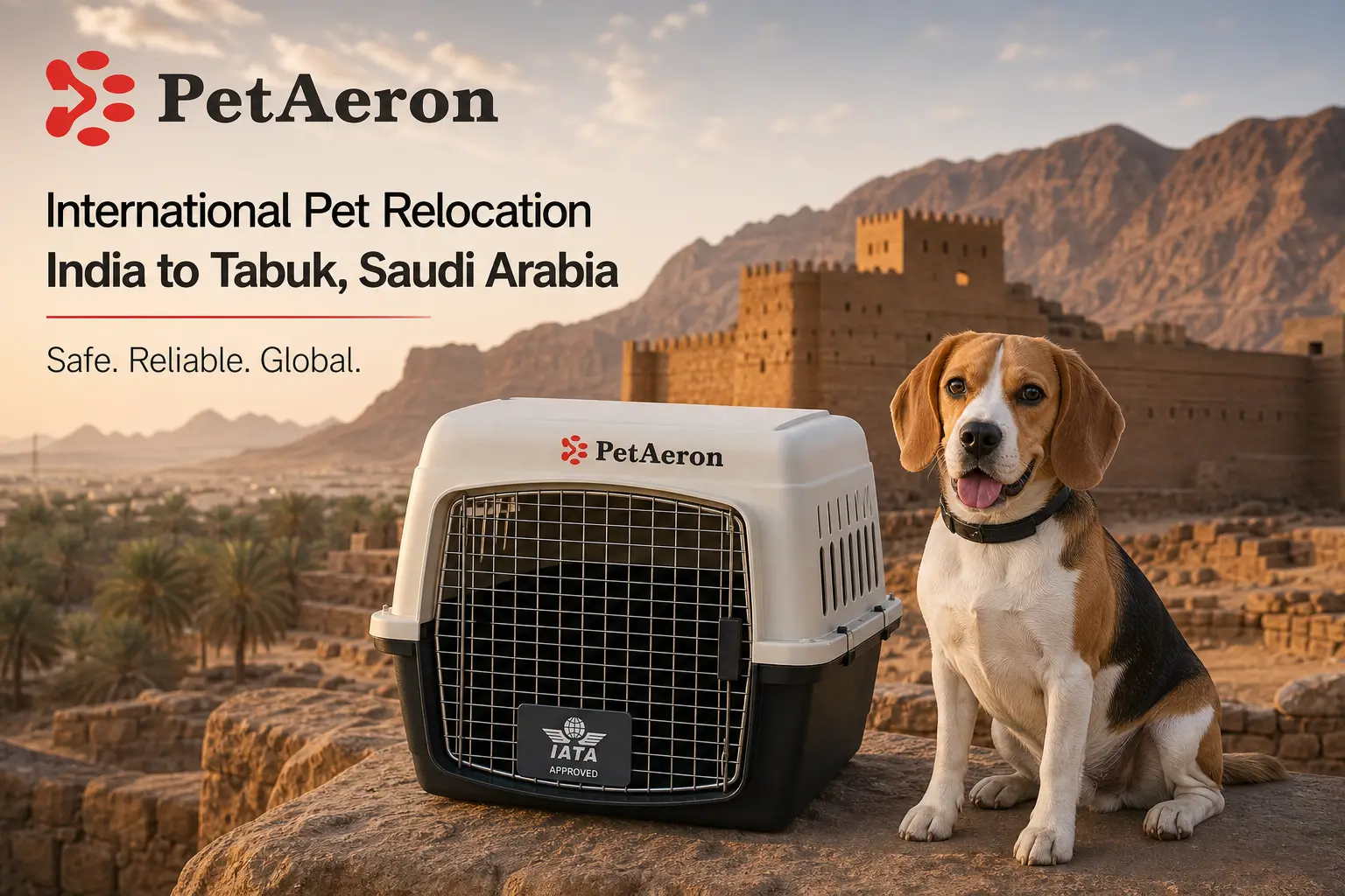 International pet relocation services from India to Tabuk, dog in IATA travel crate with Tabuk mountains and historic castle